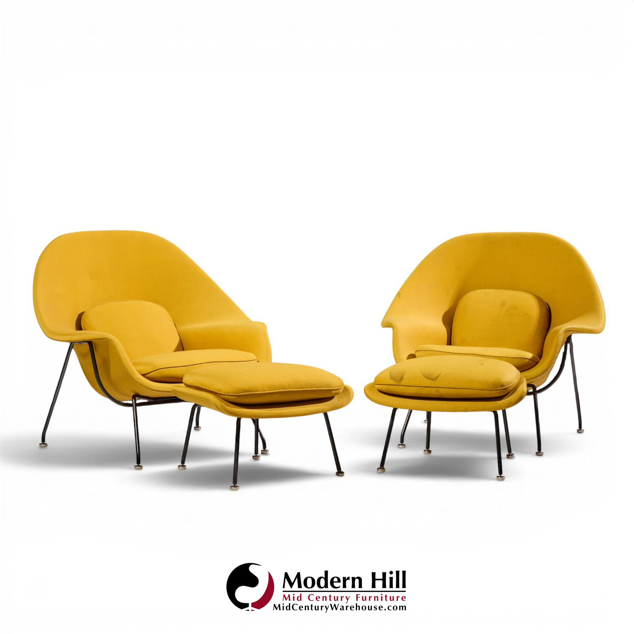 eero saarinen for knoll mid century womb lounge chairs with ottomans - pair
