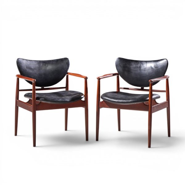 finn juhl for niels vodder model nv-48 mid century danish teak lounge chairs - pair