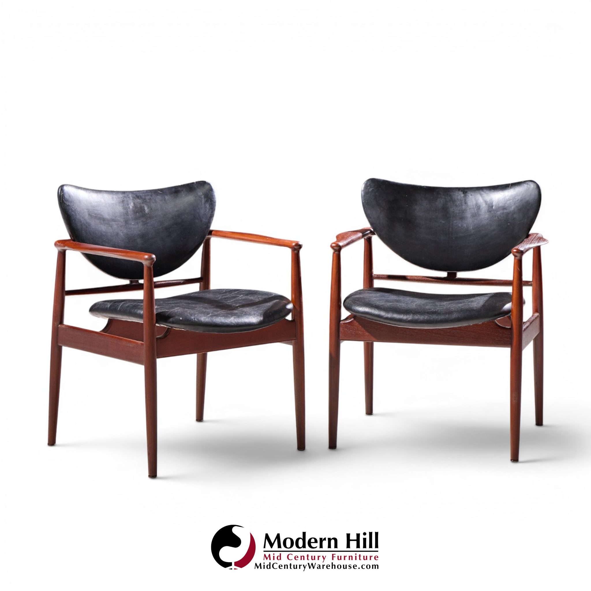 finn juhl for niels vodder model nv-48 mid century danish teak lounge chairs - pair