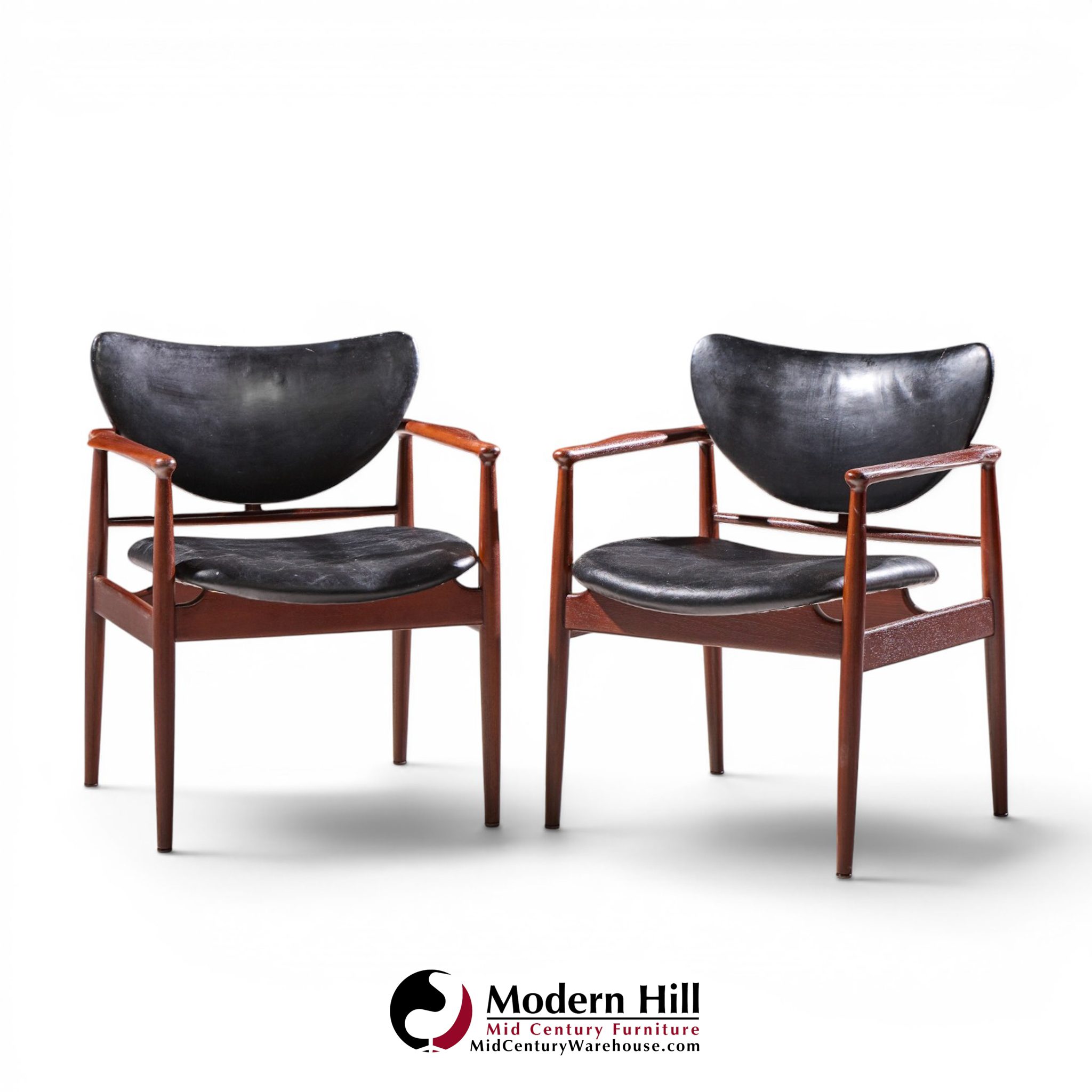 finn juhl for niels vodder model nv-48 mid century danish teak lounge chairs - pair