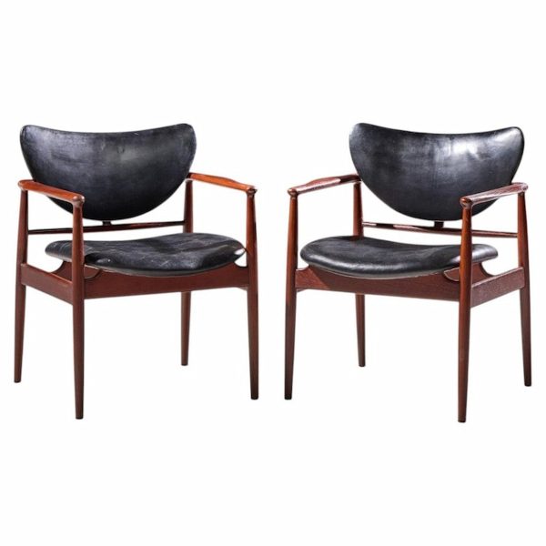 finn juhl for niels vodder model nv-48 mid century danish teak lounge chairs - pair