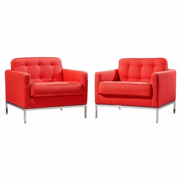 florence knoll mid century relaxed cube club lounge chairs - pair