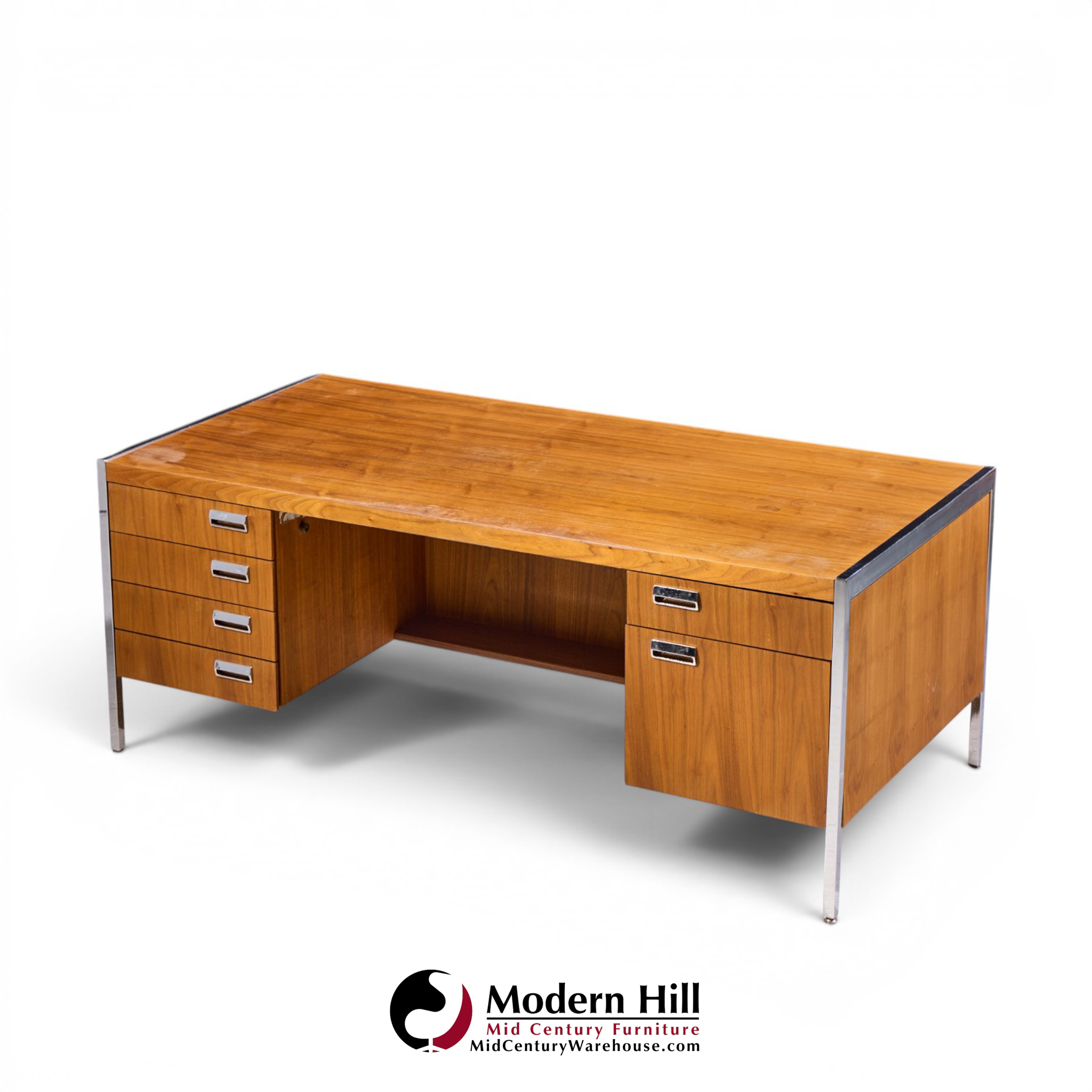 florence knoll style mid century chrome and walnut executive desk
