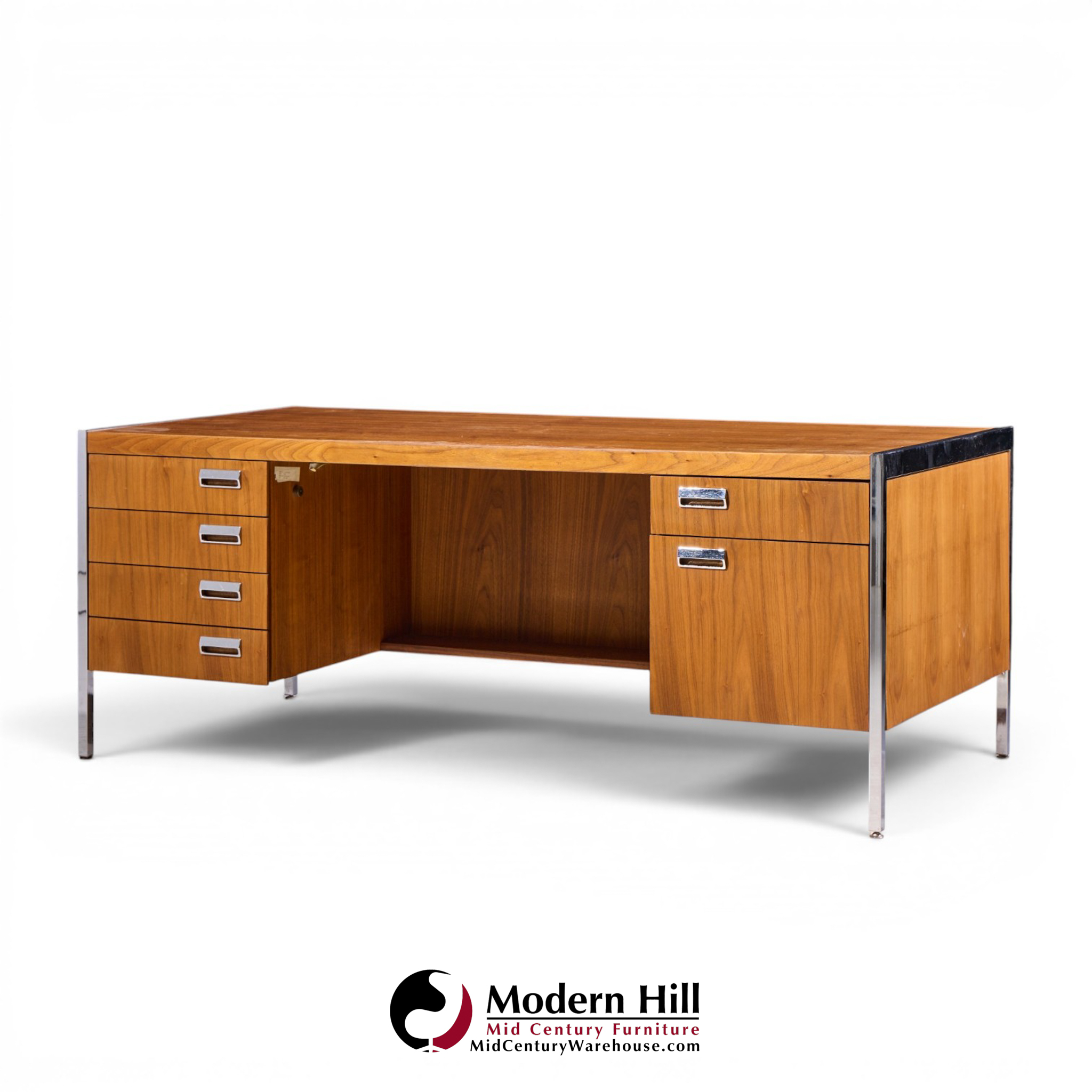 florence knoll style mid century chrome and walnut executive desk