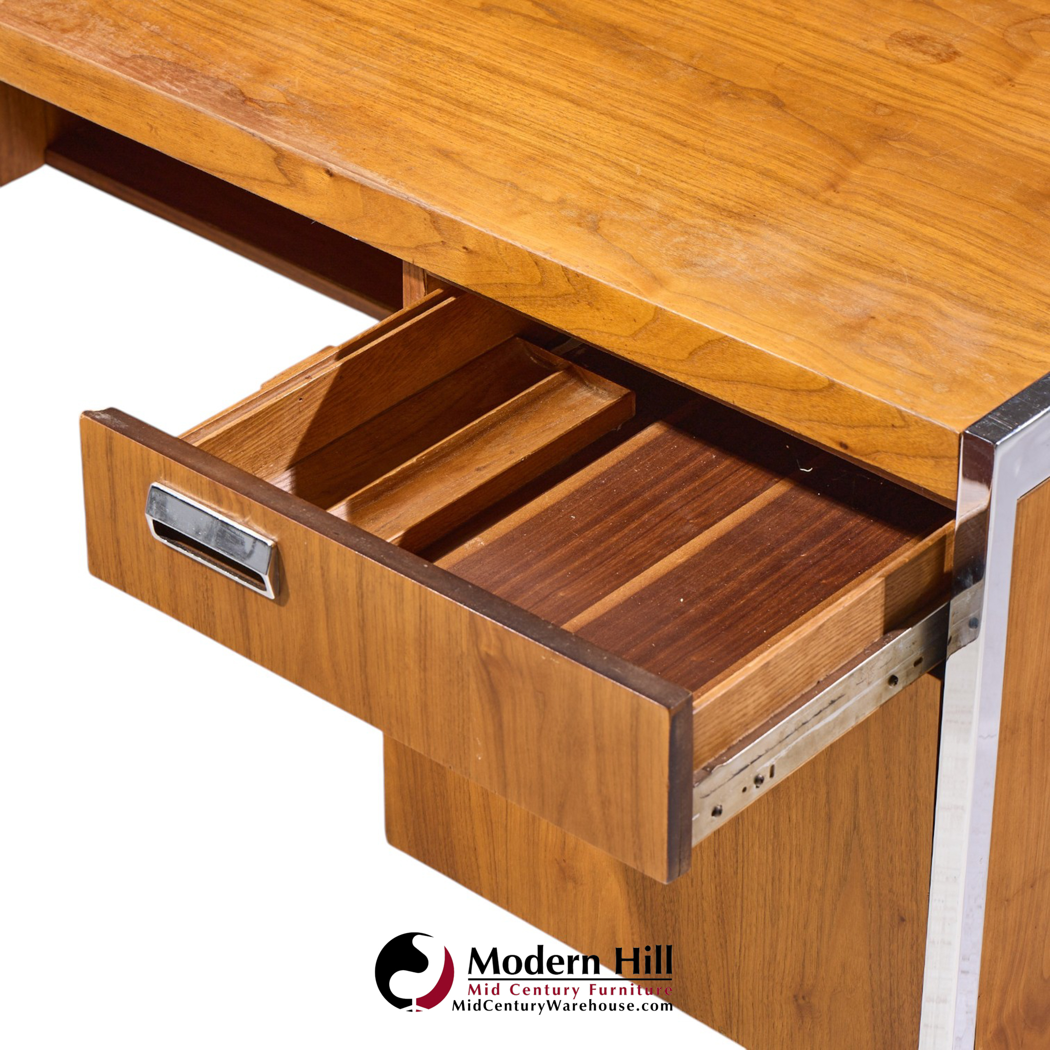 florence knoll style mid century chrome and walnut executive desk