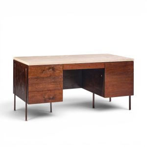 harvey probber mid century walnut and travertine top executive desk