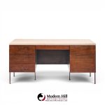 harvey probber mid century walnut and travertine top executive desk