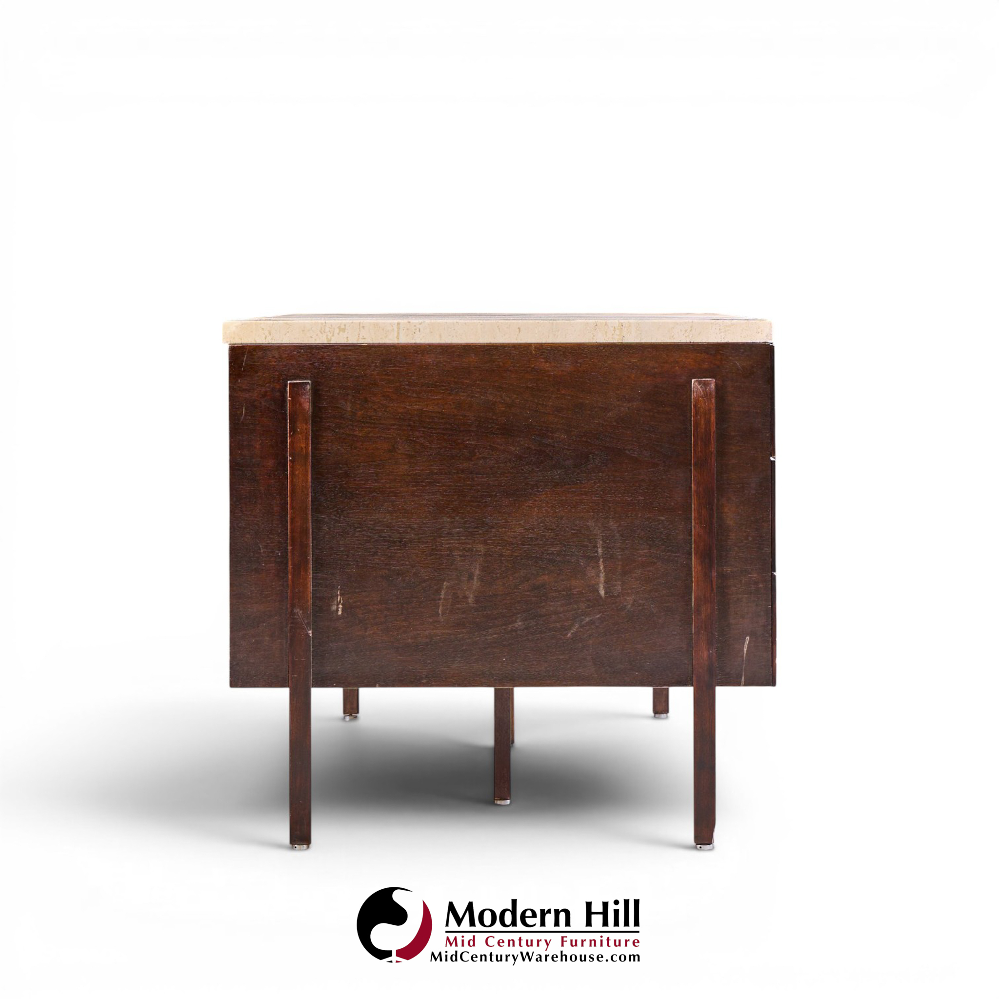harvey probber mid century walnut and travertine top executive desk