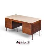 harvey probber mid century walnut and travertine top executive desk