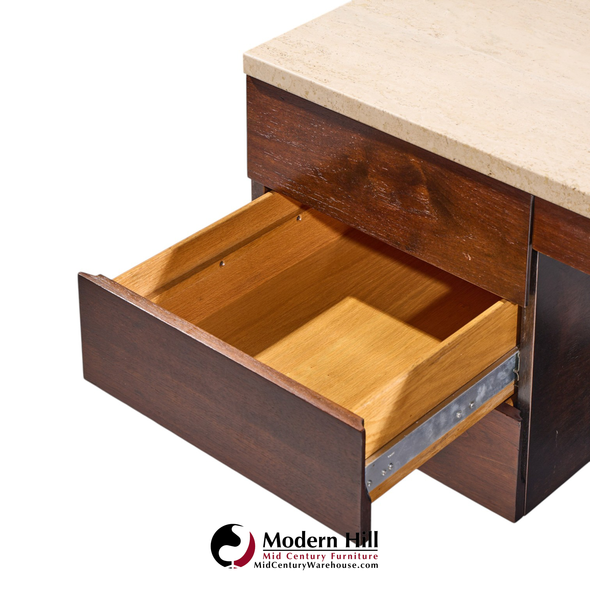 harvey probber mid century walnut and travertine top executive desk