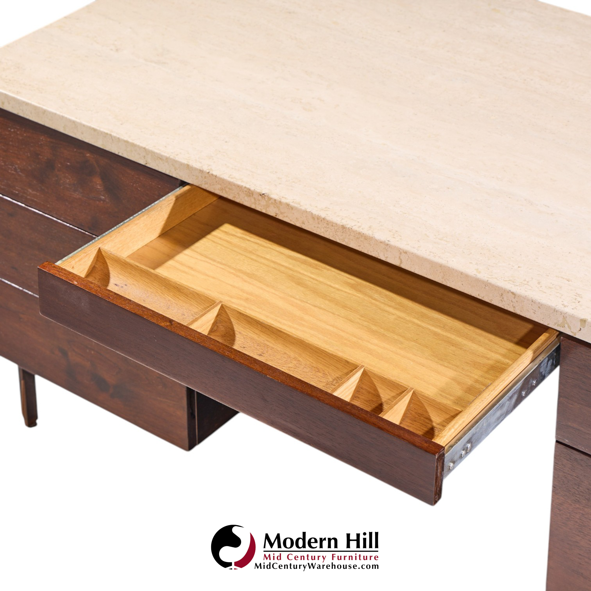 harvey probber mid century walnut and travertine top executive desk