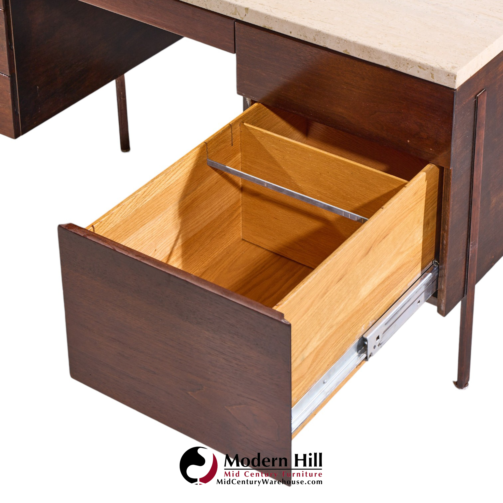 harvey probber mid century walnut and travertine top executive desk