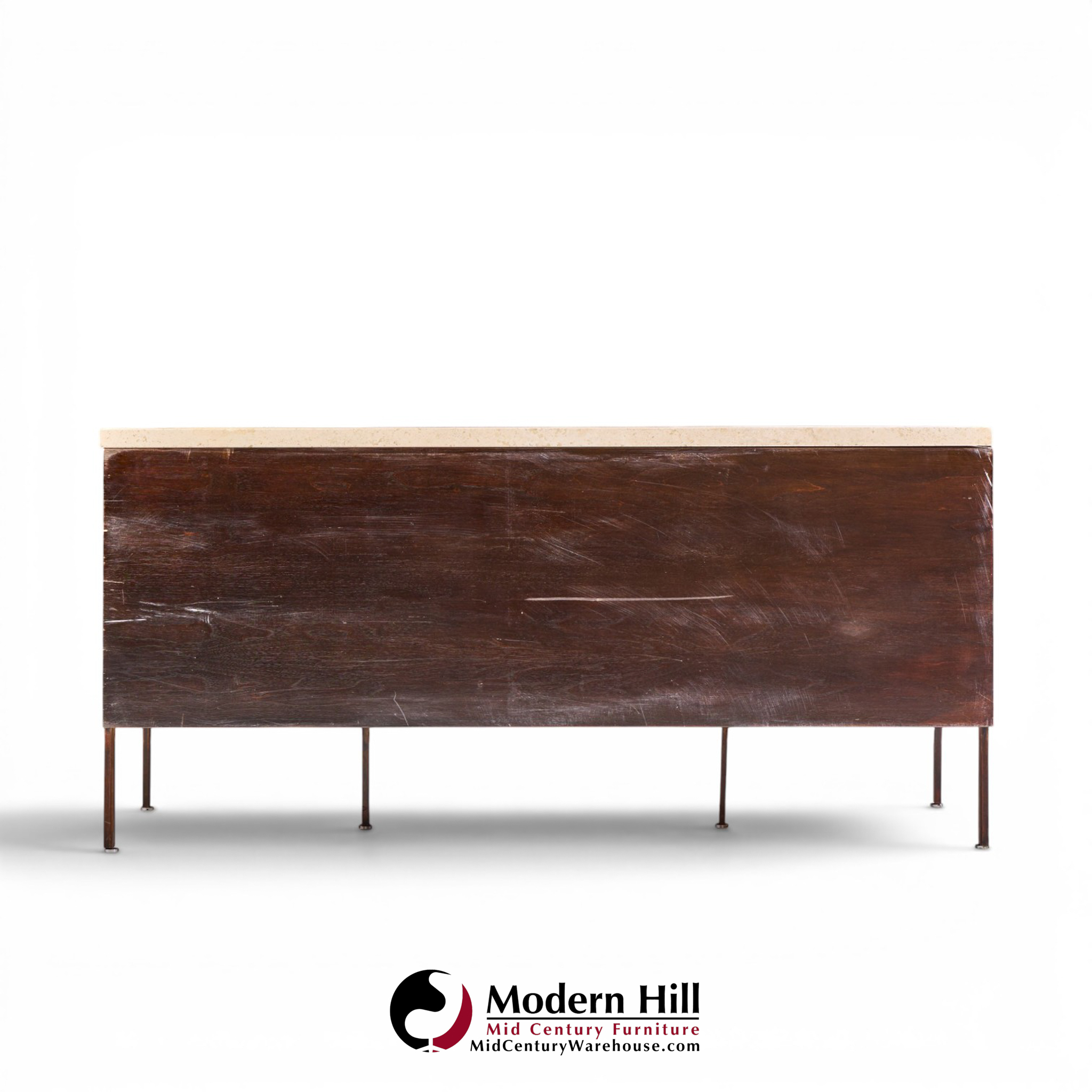 harvey probber mid century walnut and travertine top executive desk