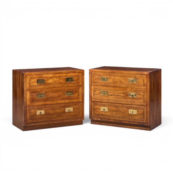 henredon scene one mid century oak and brass campaign dresser chests of drawers - pair