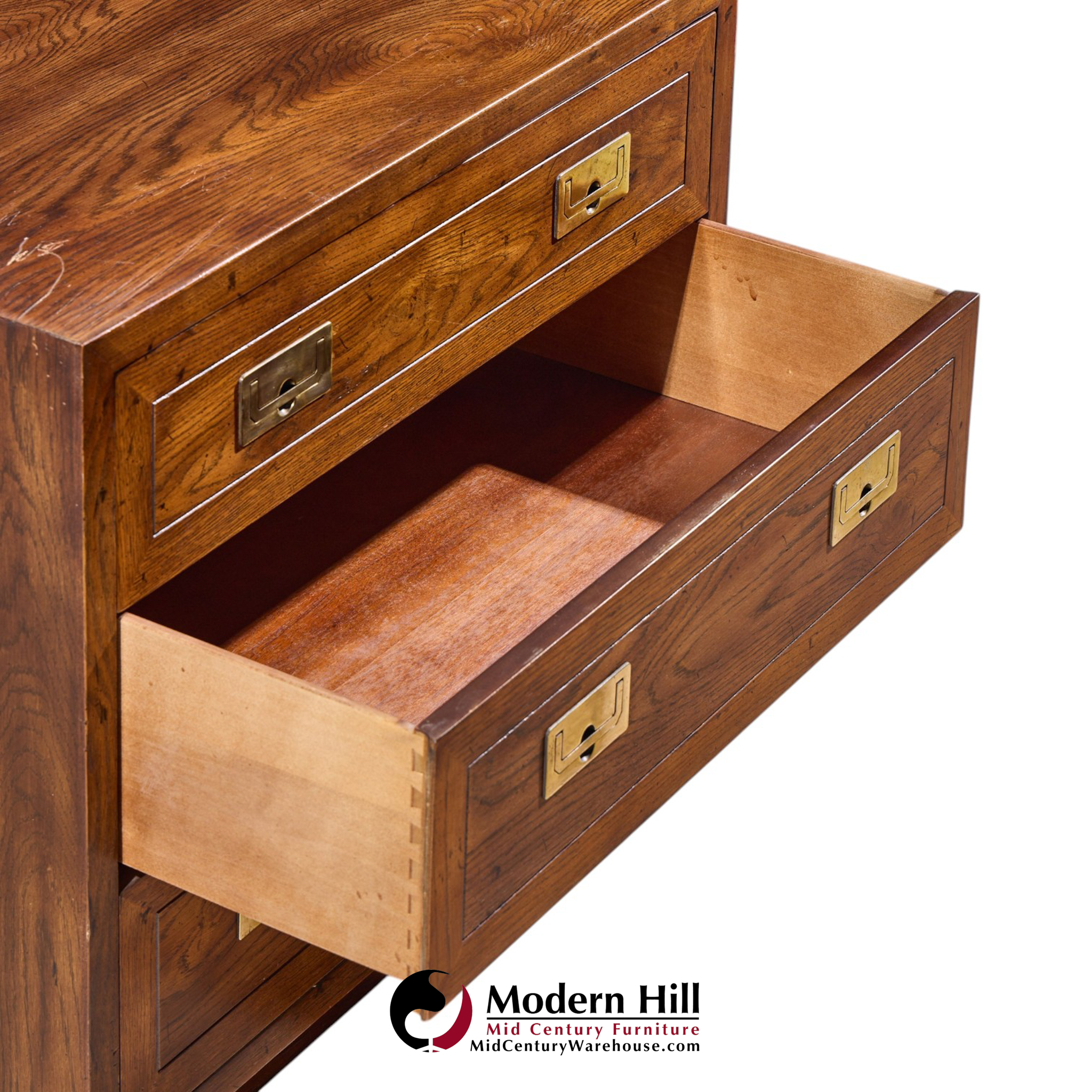henredon scene one mid century oak and brass campaign dresser chests of drawers - pair