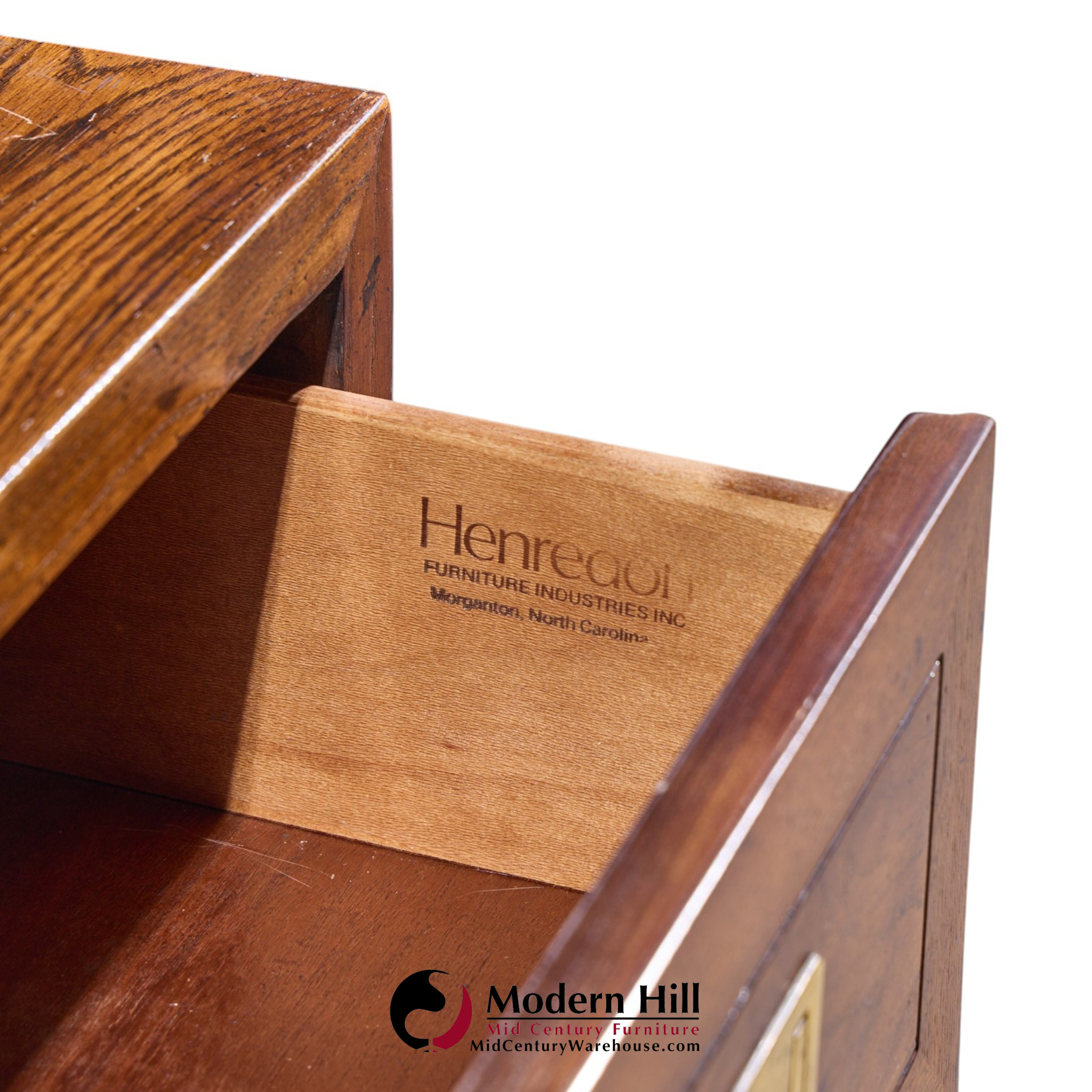 henredon scene one mid century oak and brass campaign dresser chests of drawers - pair