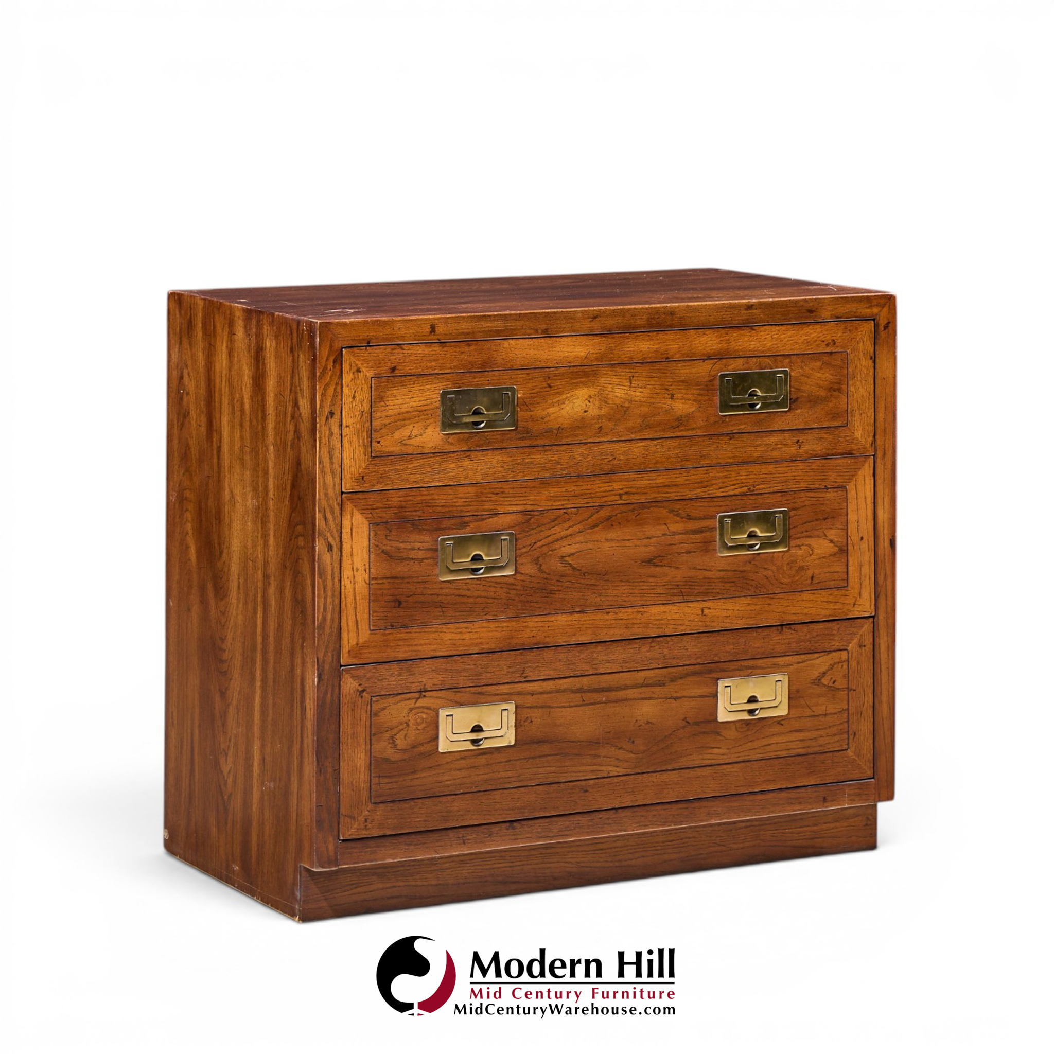 henredon scene one mid century oak and brass campaign dresser chests of drawers - pair