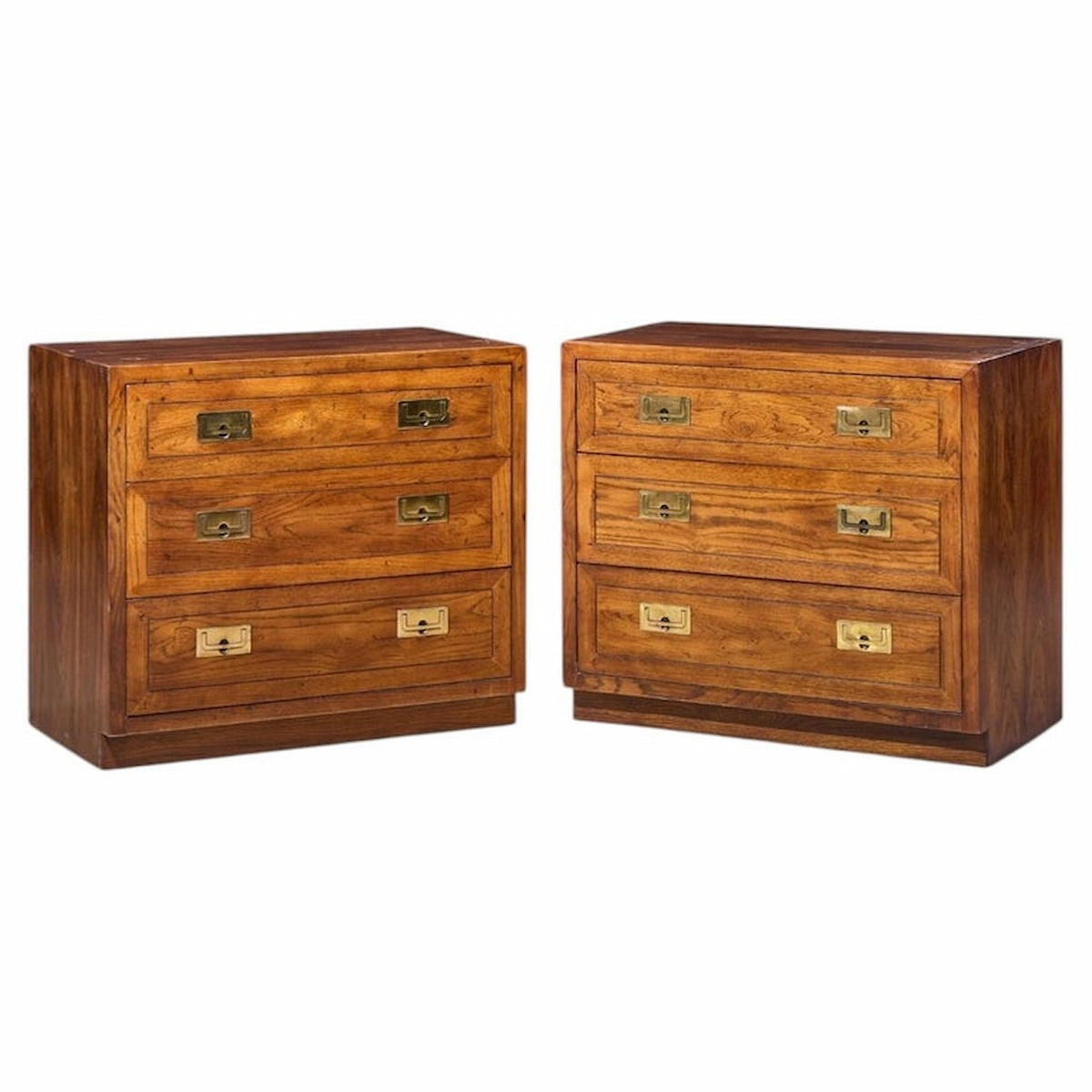 henredon scene one mid century oak and brass campaign dresser chests of drawers - pair
