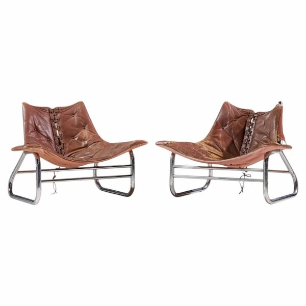 johan bertil häggström for swed-form mid century swedish leather and chrome corset chairs - pair