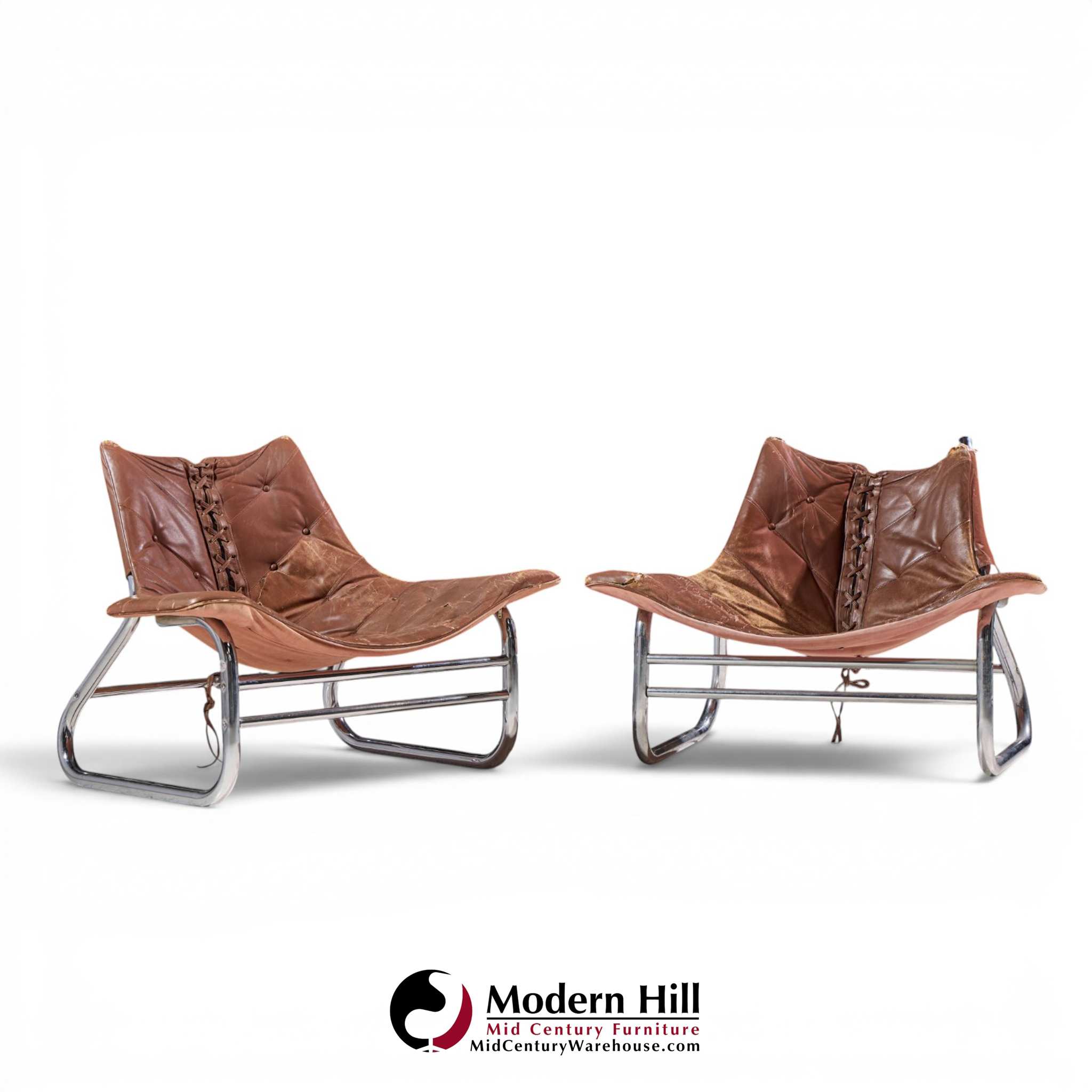 johan bertil häggström for swed-form mid century swedish leather and chrome corset chairs - pair