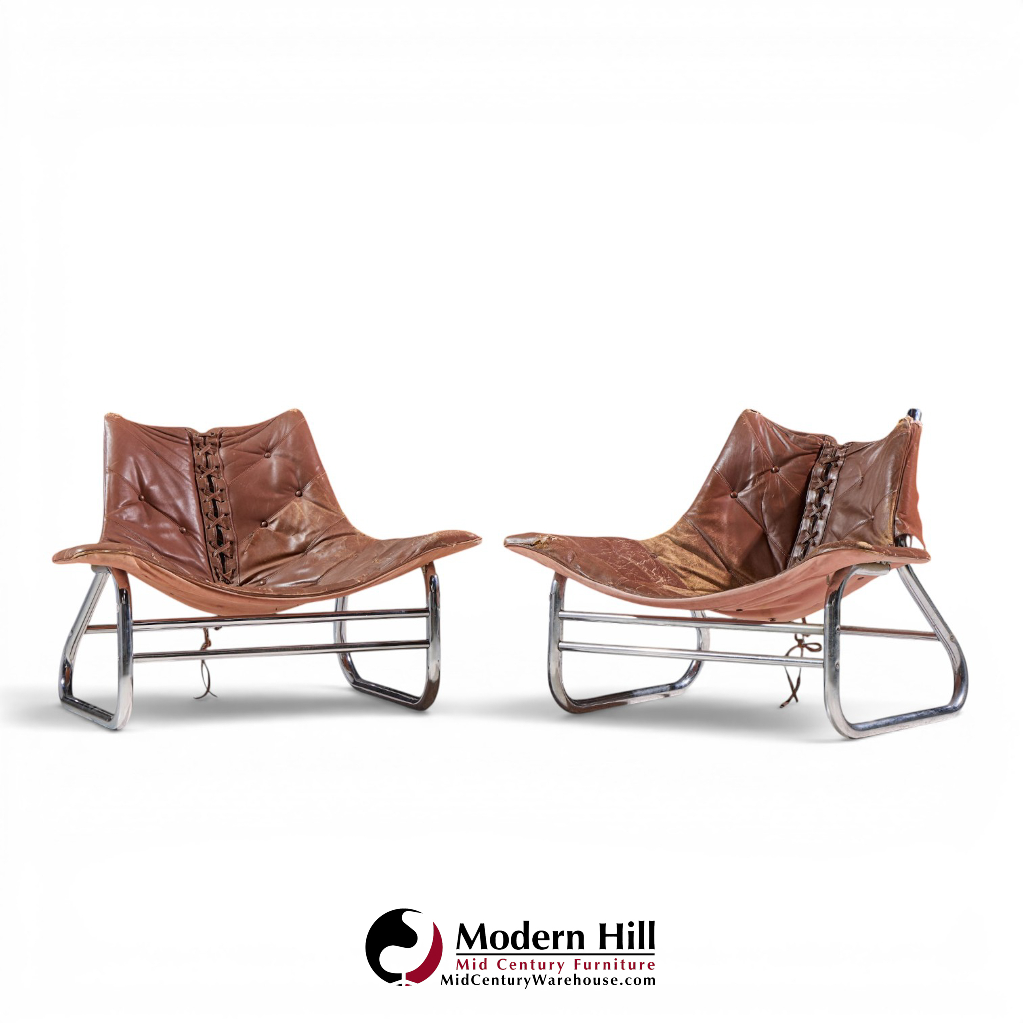 johan bertil häggström for swed-form mid century swedish leather and chrome corset chairs - pair