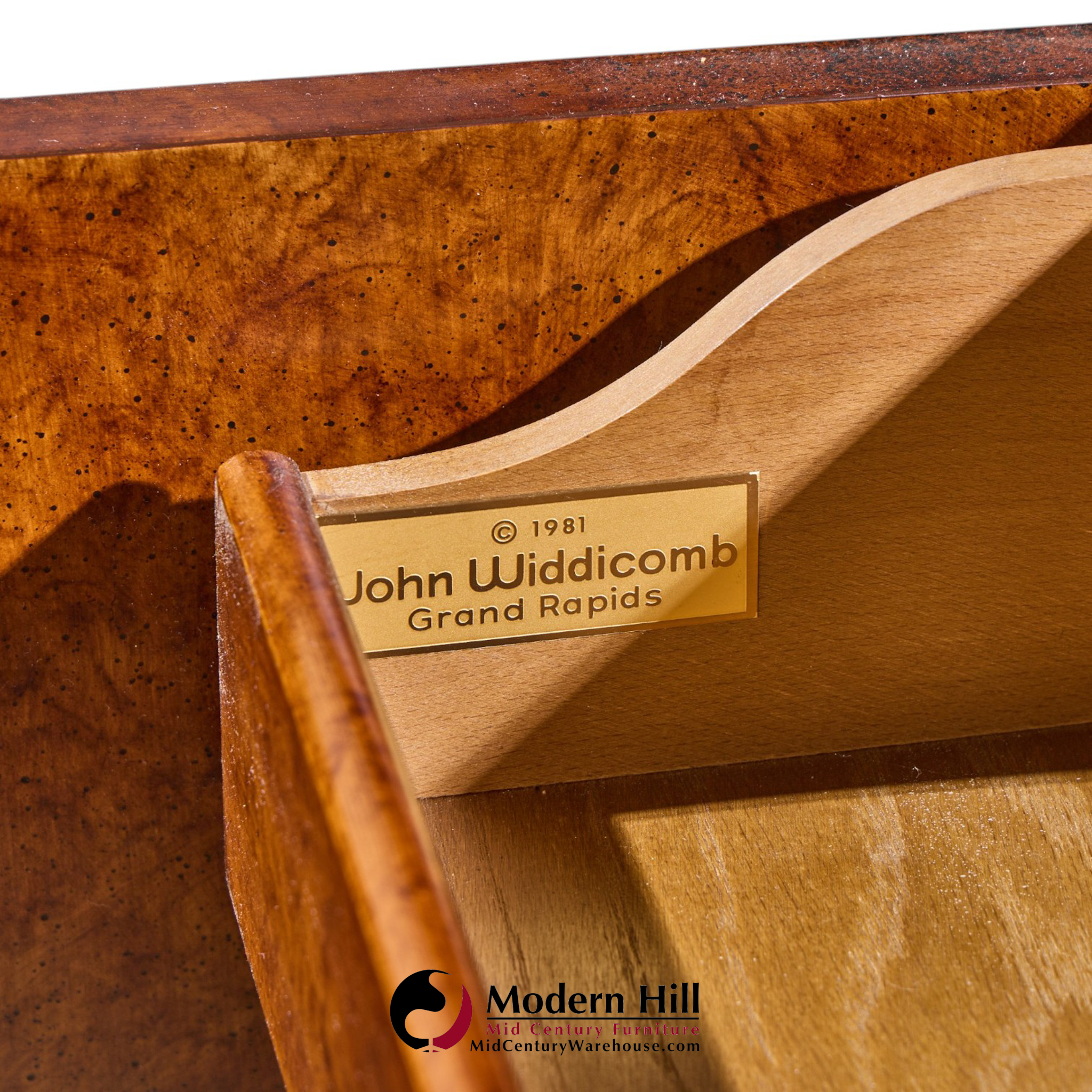john widdicomb mid century burlwood and brass credenza