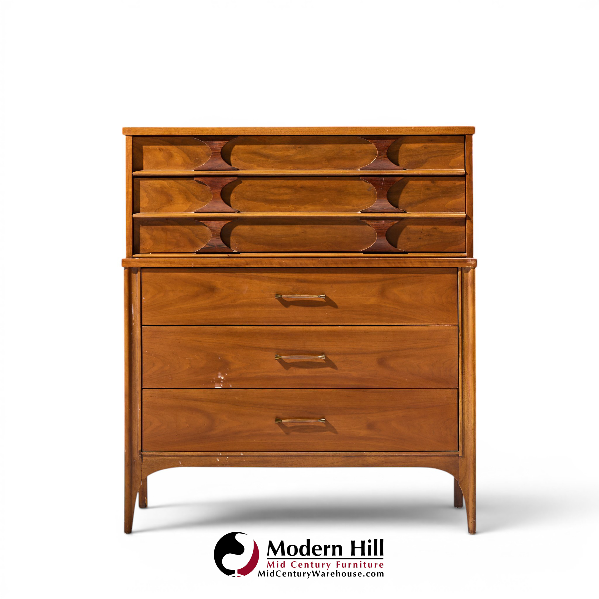 kent coffey perspecta mid century walnut and rosewood highboy dresser