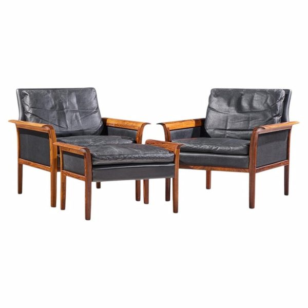knut saeter for vatne møbler mid century norwegian rosewood and leather lounge chairs - pair with ottoman