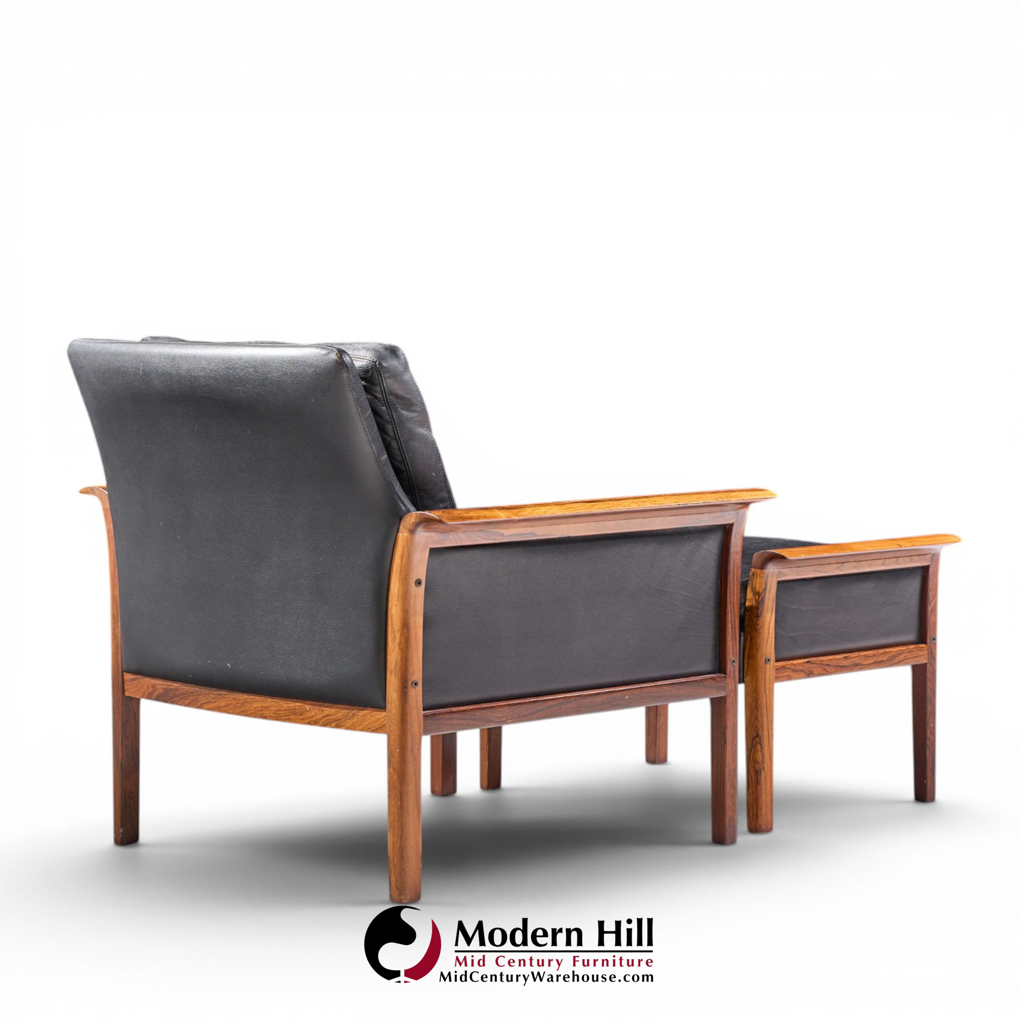 knut saeter for vatne møbler mid century norwegian rosewood and leather lounge chairs - pair with ottoman