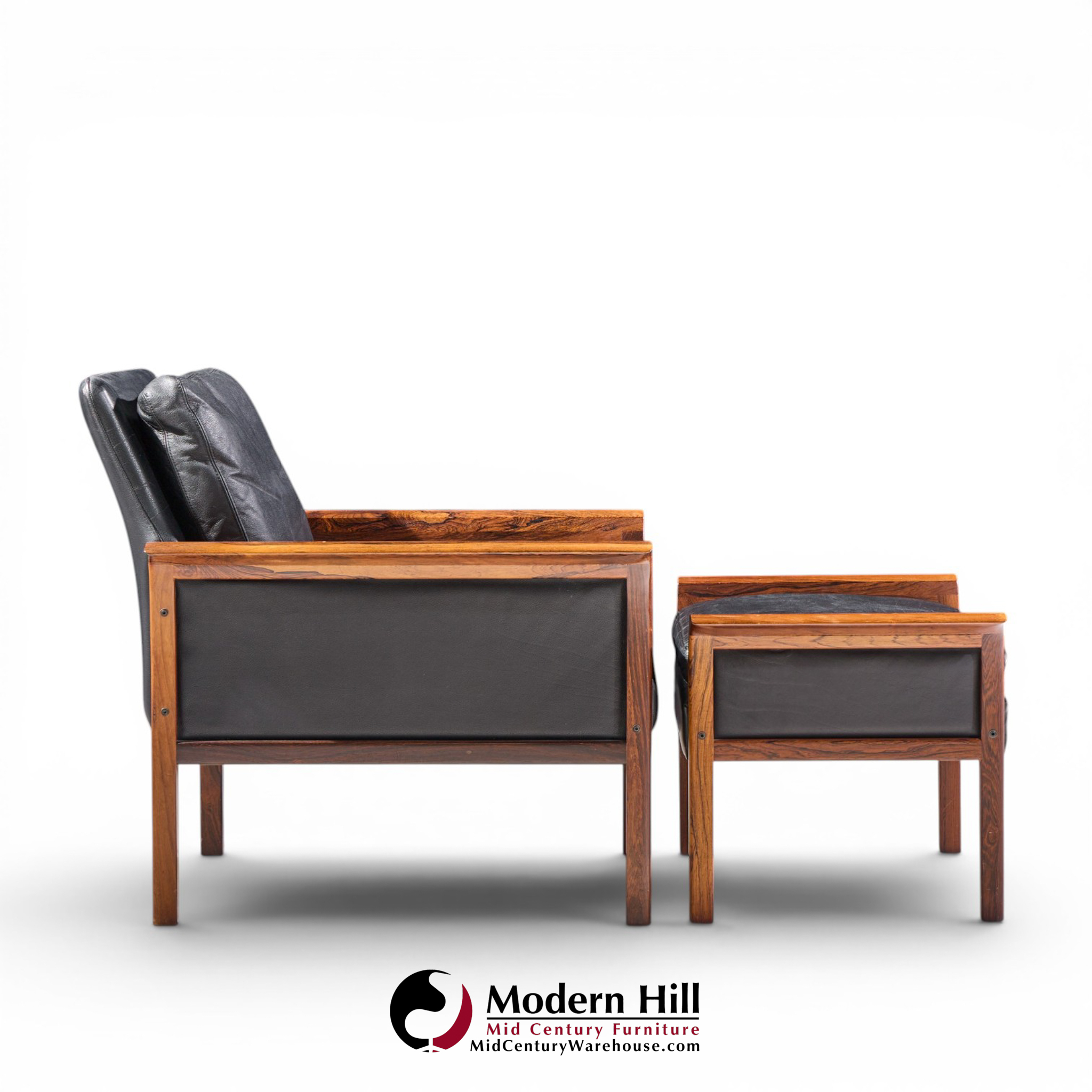 knut saeter for vatne møbler mid century norwegian rosewood and leather lounge chairs - pair with ottoman