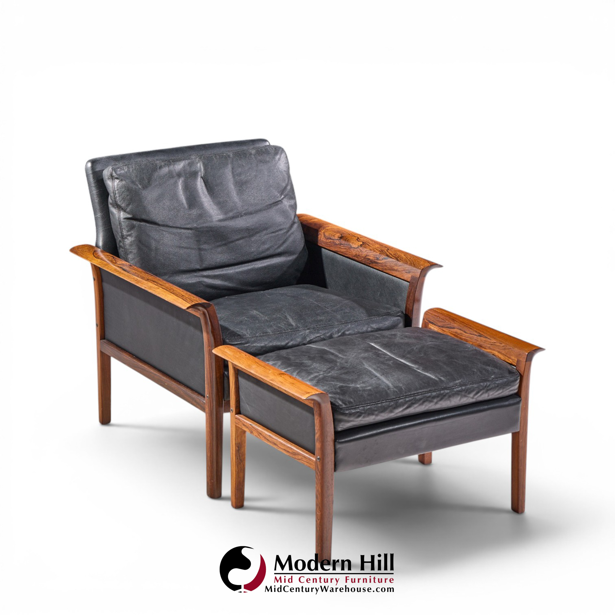 knut saeter for vatne møbler mid century norwegian rosewood and leather lounge chairs - pair with ottoman