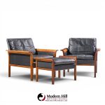 knut saeter for vatne møbler mid century norwegian rosewood and leather lounge chairs - pair with ottoman