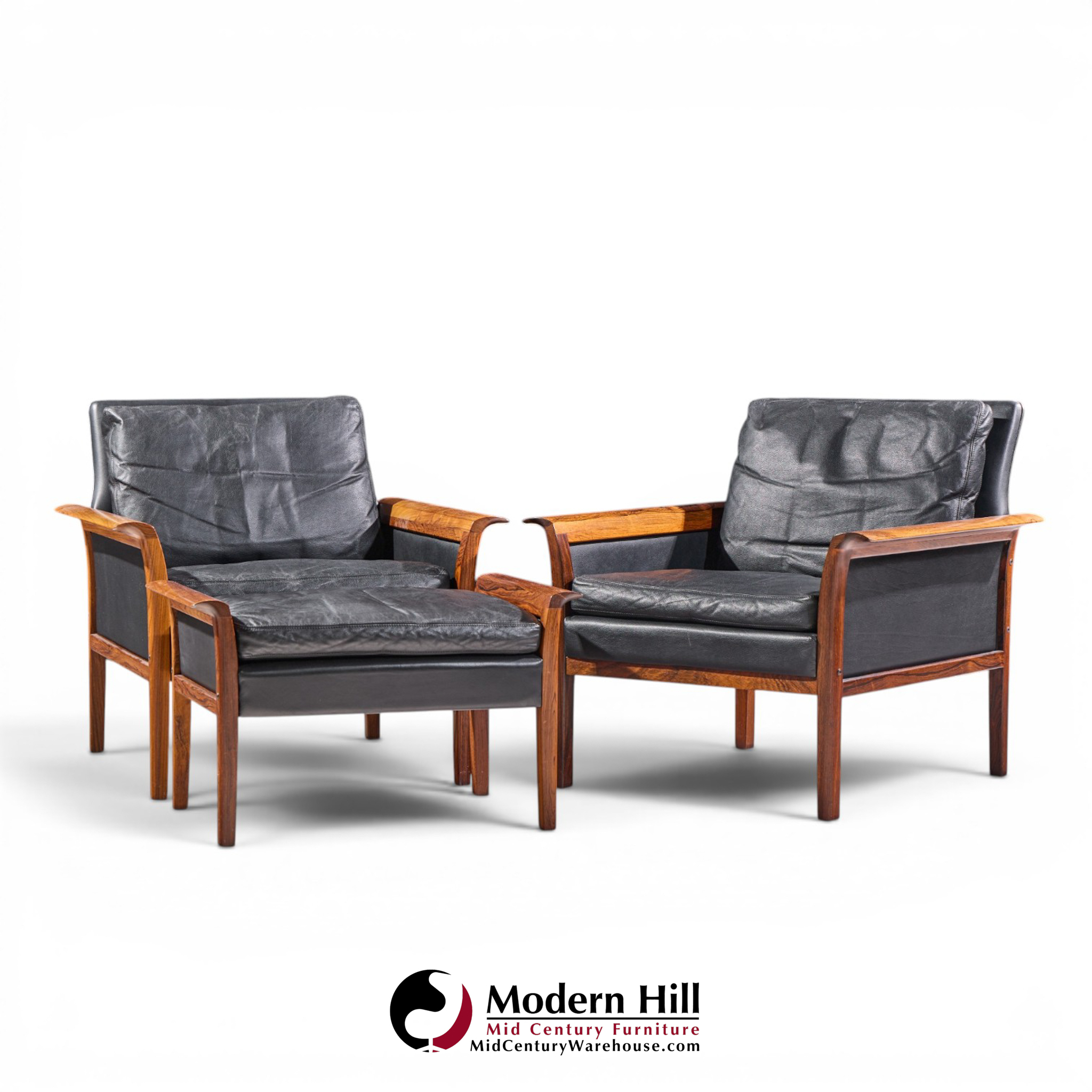 knut saeter for vatne møbler mid century norwegian rosewood and leather lounge chairs - pair with ottoman