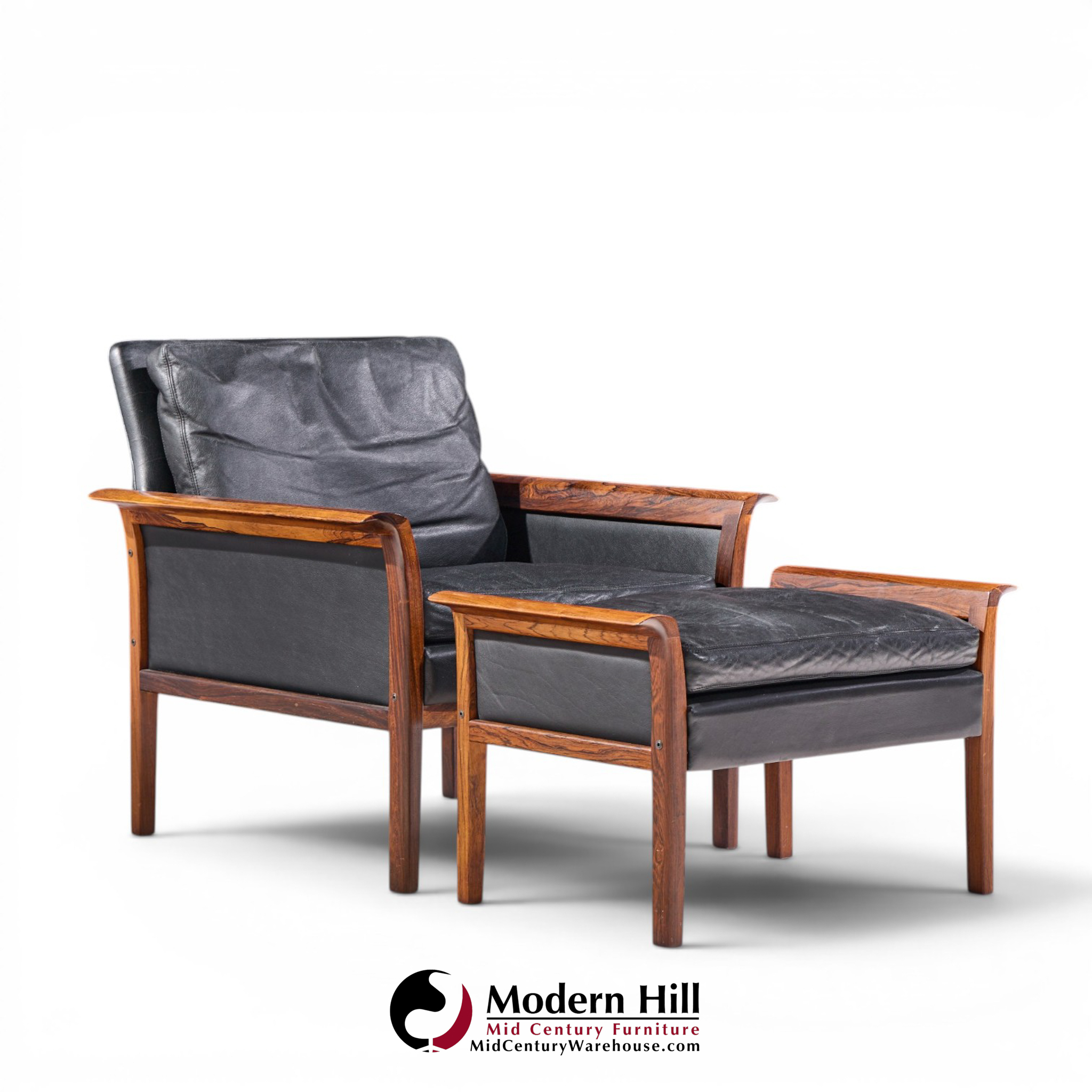 knut saeter for vatne møbler mid century norwegian rosewood and leather lounge chairs - pair with ottoman
