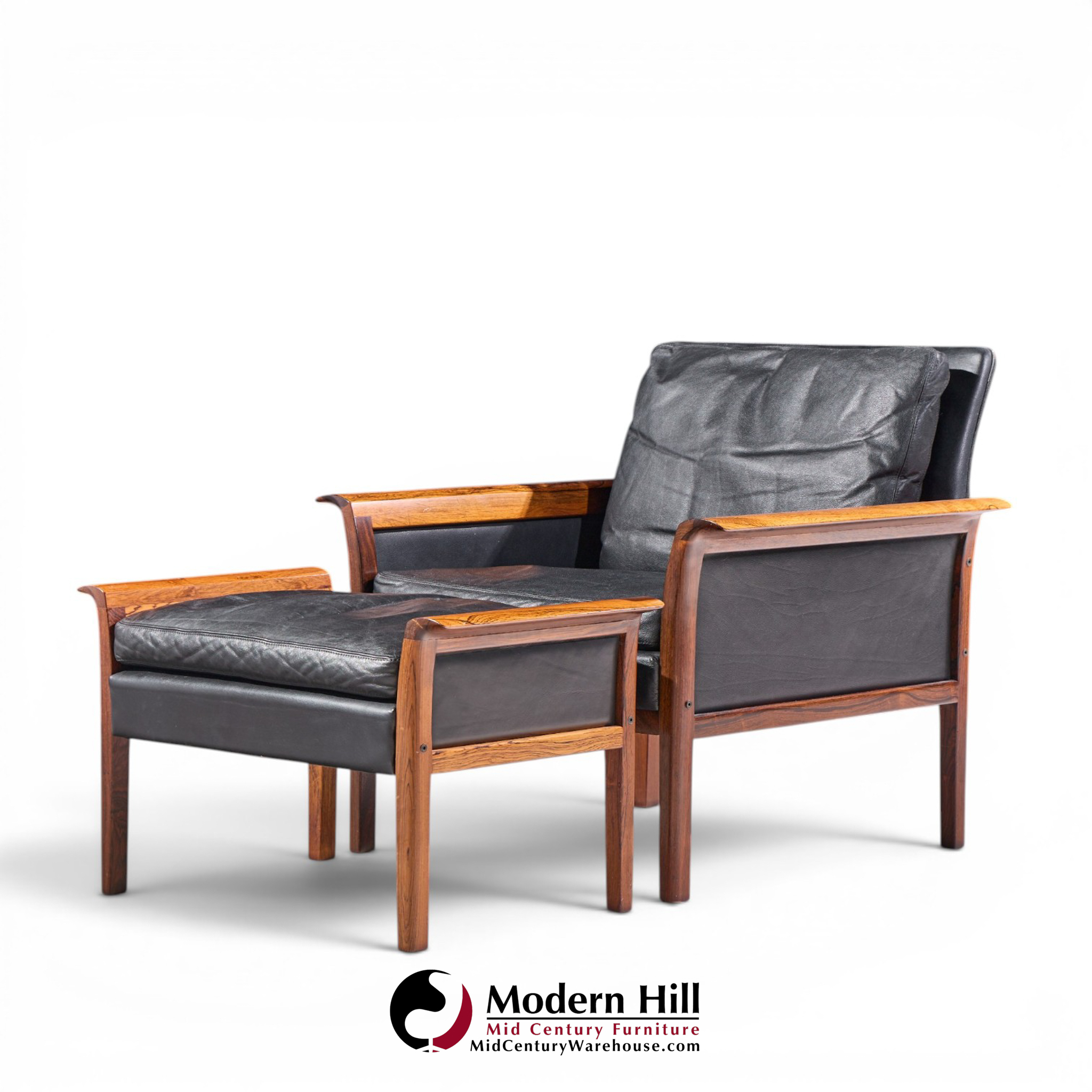 knut saeter for vatne møbler mid century norwegian rosewood and leather lounge chairs - pair with ottoman