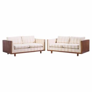 milo baughman for thayer coggin style mid century rosewood case loveseat sofa - pair