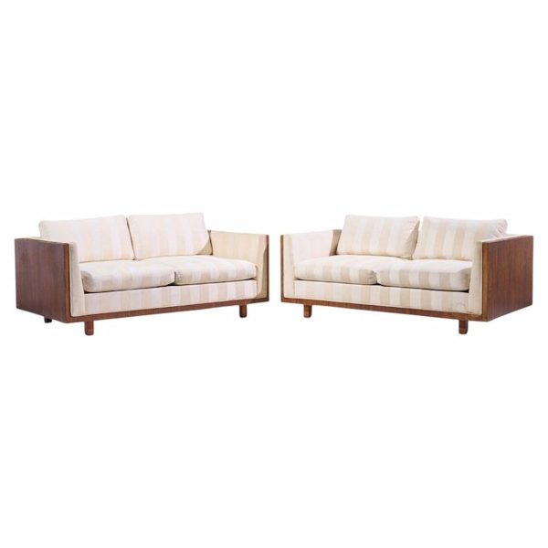 milo baughman for thayer coggin style mid century rosewood case loveseat sofa - pair