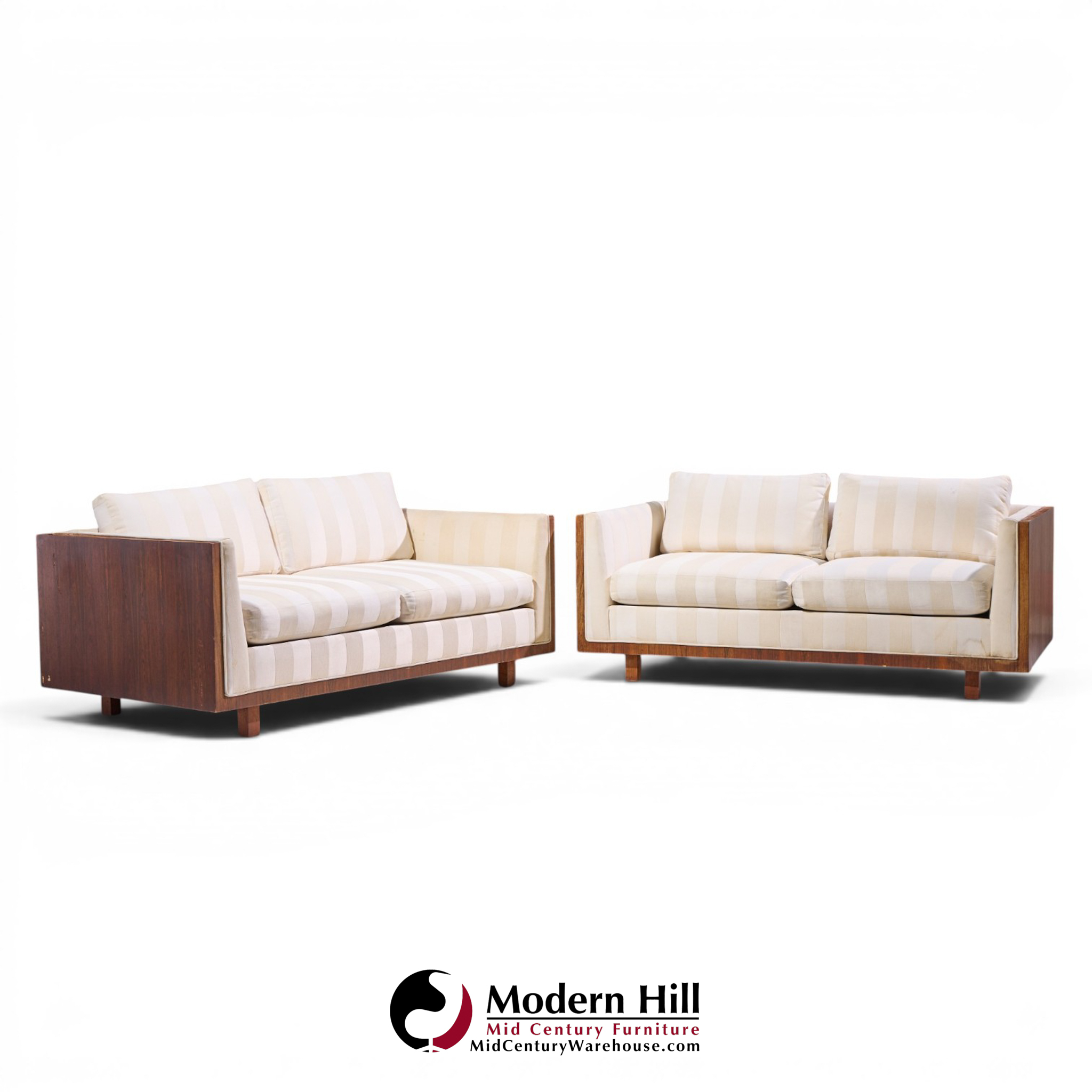 milo baughman for thayer coggin style mid century rosewood case loveseat sofa - pair