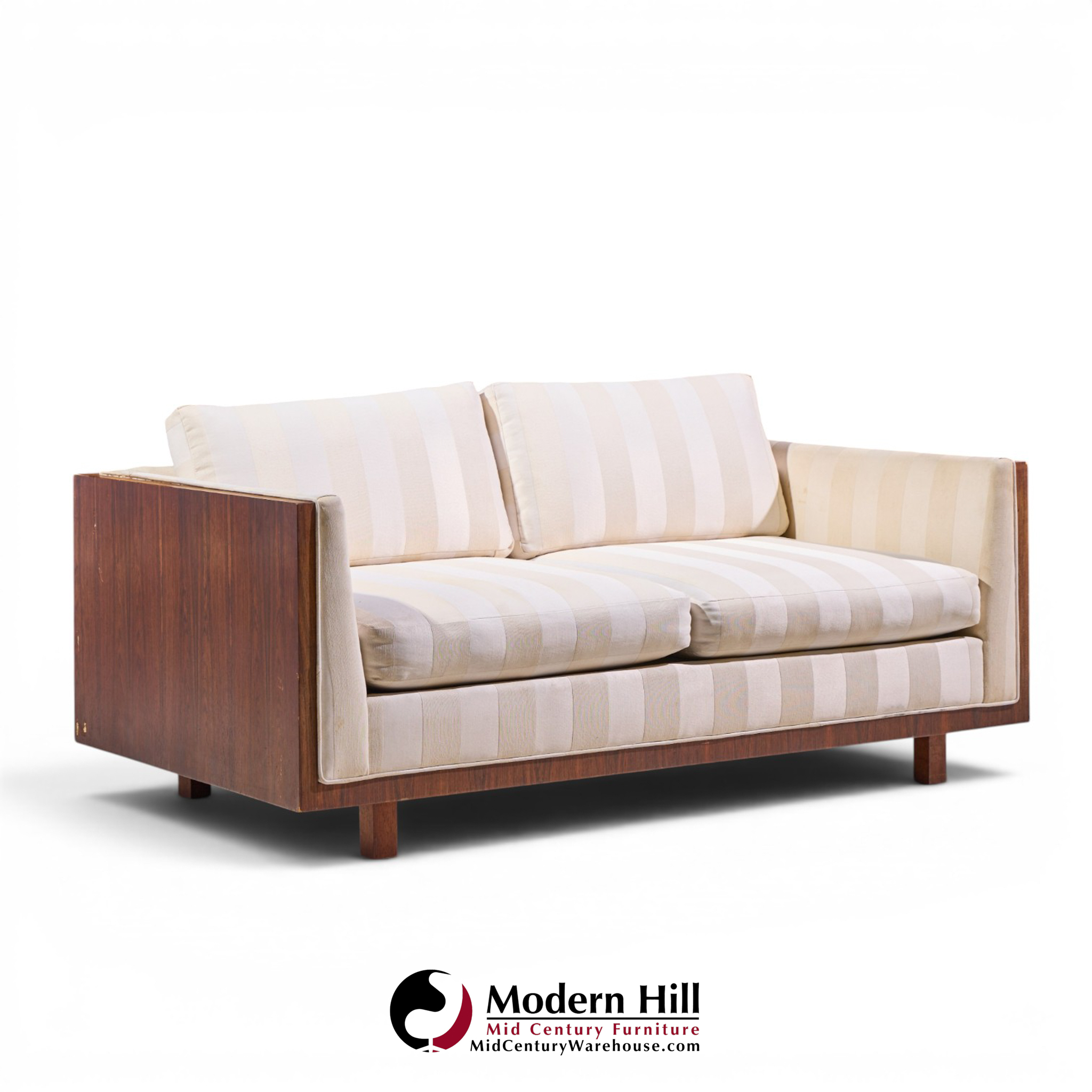 milo baughman for thayer coggin style mid century rosewood case loveseat sofa - pair