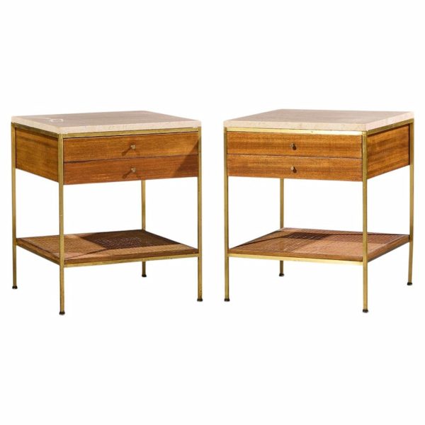 paul mccobb for calvin irwin group model 8714 mid century bleached mahogany, cane, brass and travertine nightstand - pair