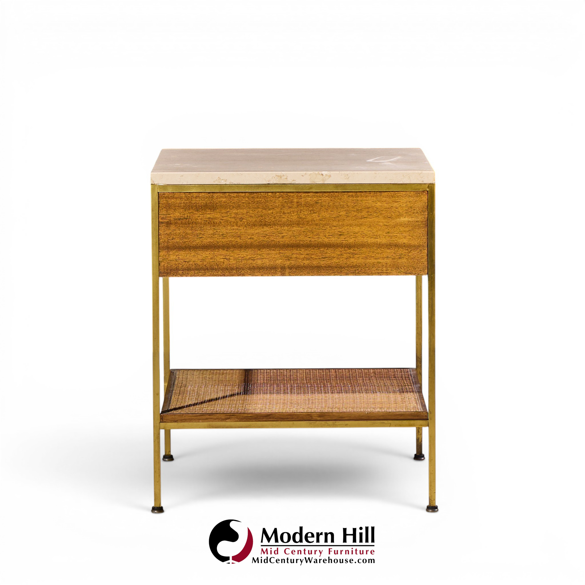 paul mccobb for calvin irwin group model 8714 mid century bleached mahogany, cane, brass and travertine nightstand - pair