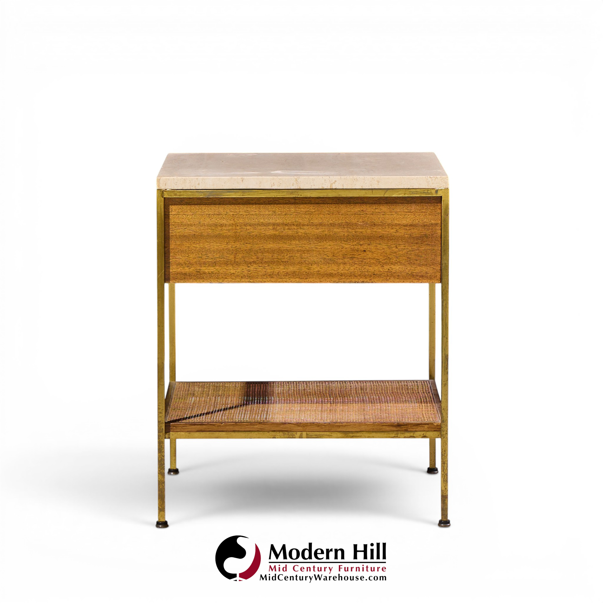 paul mccobb for calvin irwin group model 8714 mid century bleached mahogany, cane, brass and travertine nightstand - pair