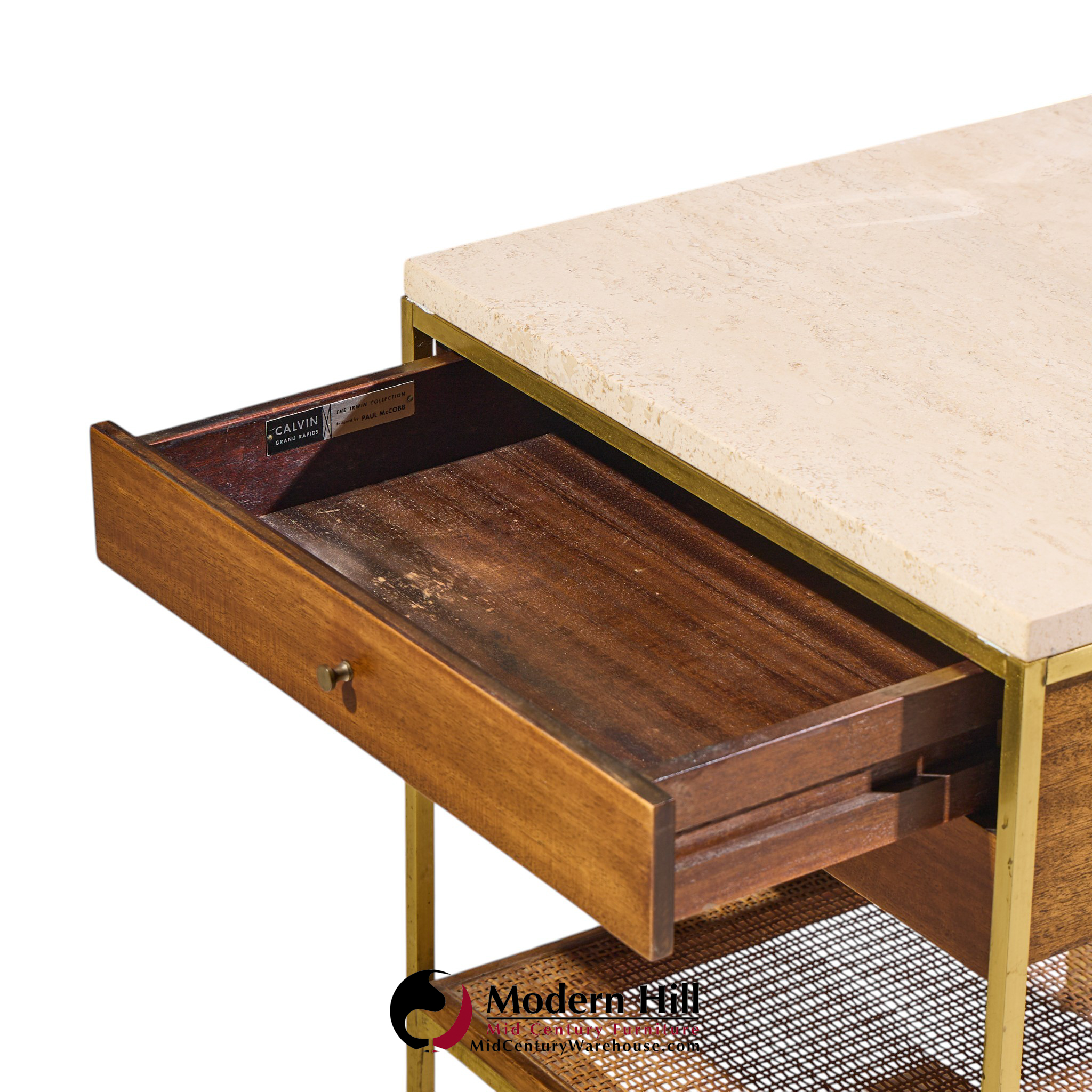 paul mccobb for calvin irwin group model 8714 mid century bleached mahogany, cane, brass and travertine nightstand - pair