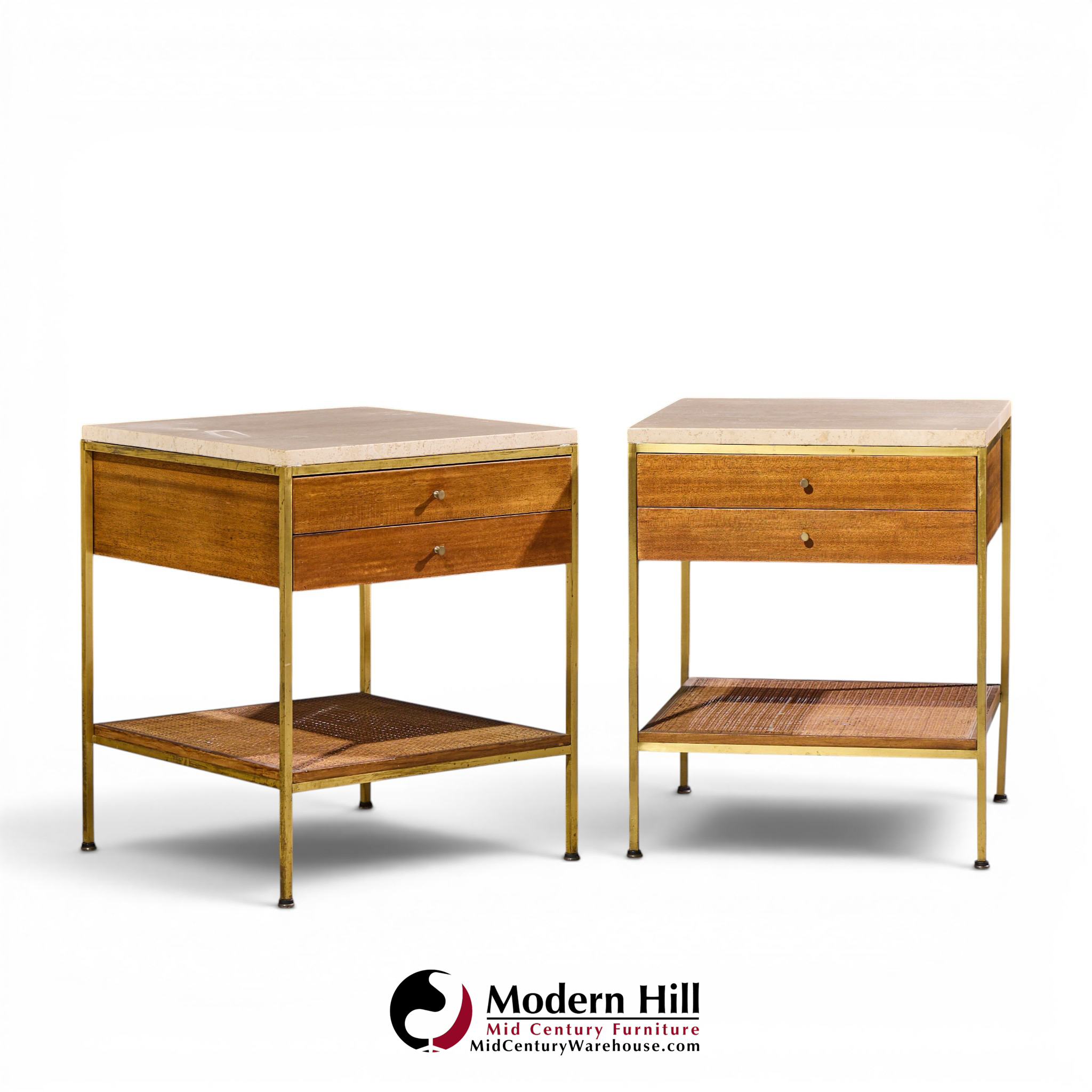 paul mccobb for calvin irwin group model 8714 mid century bleached mahogany, cane, brass and travertine nightstand - pair