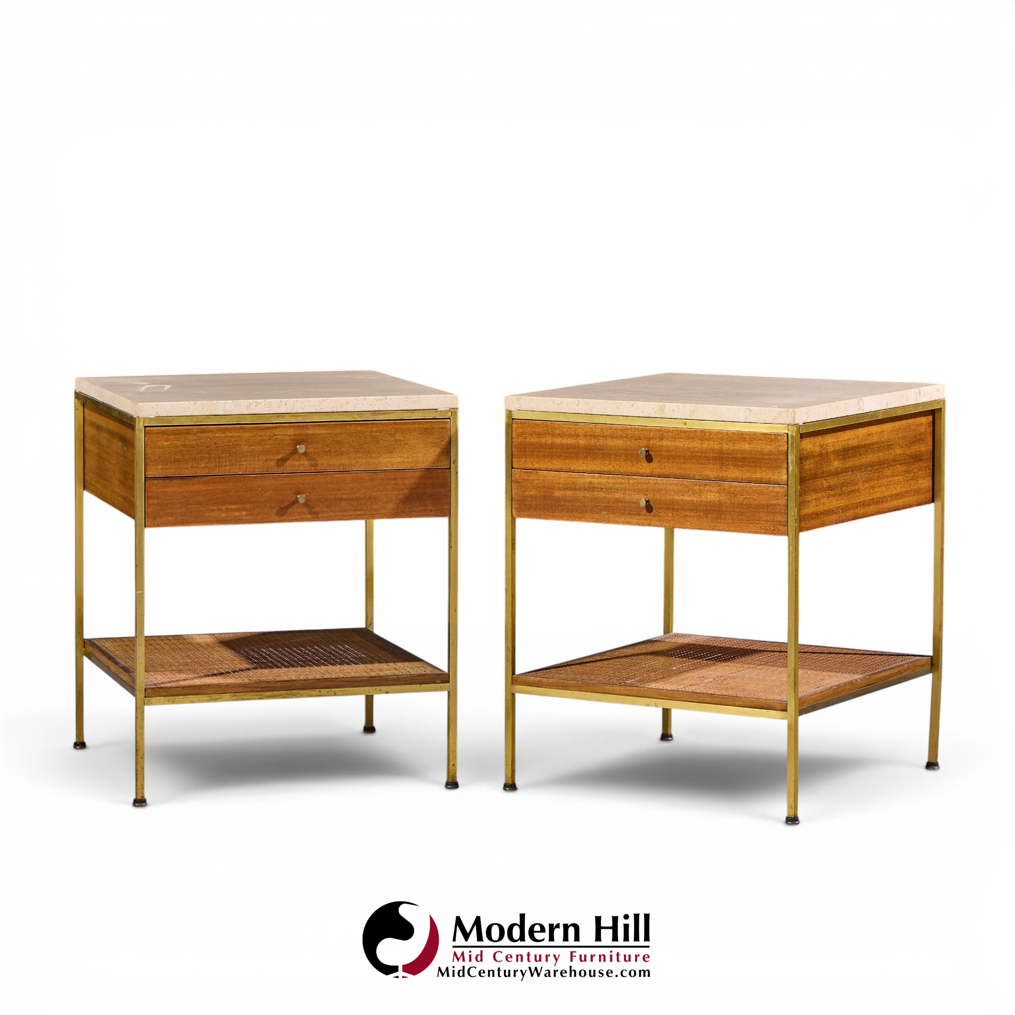 paul mccobb for calvin irwin group model 8714 mid century bleached mahogany, cane, brass and travertine nightstand - pair