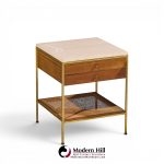 paul mccobb for calvin irwin group model 8714 mid century bleached mahogany, cane, brass and travertine nightstand - pair