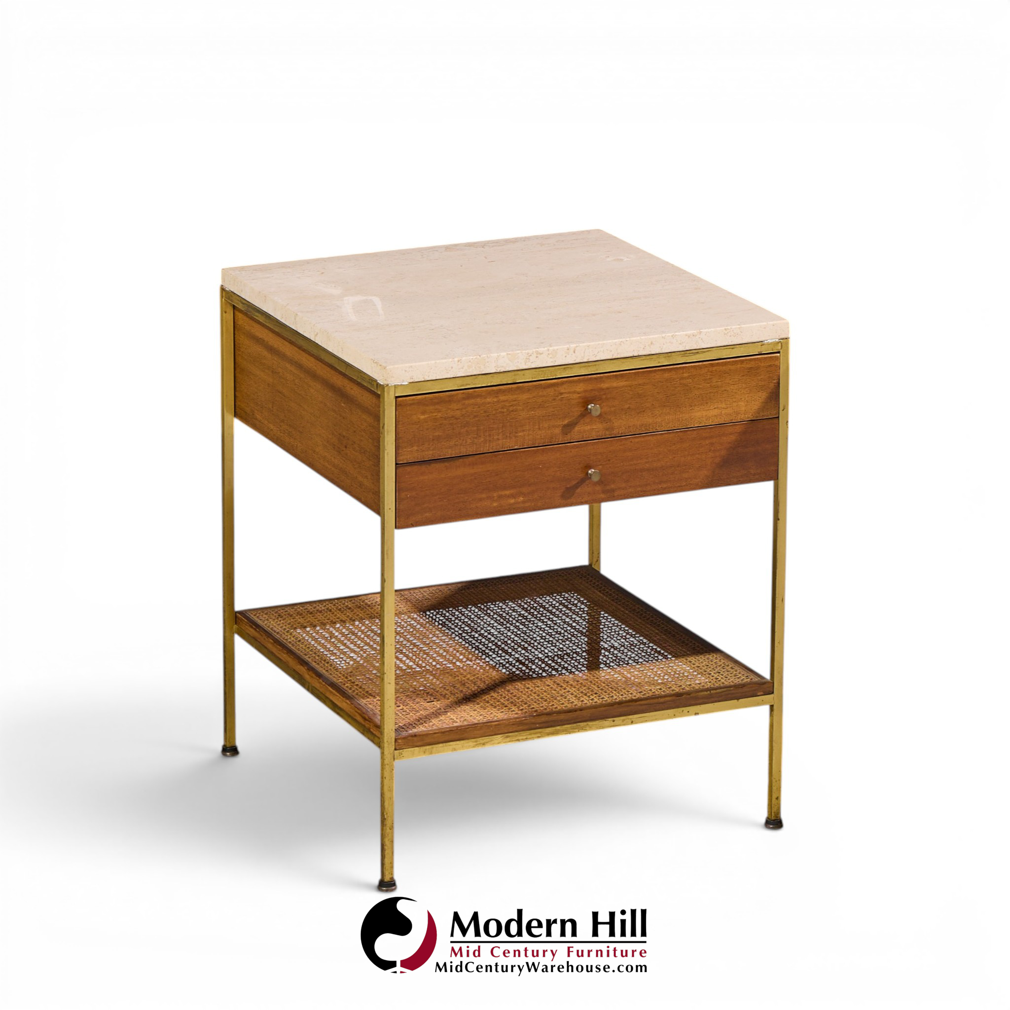 paul mccobb for calvin irwin group model 8714 mid century bleached mahogany, cane, brass and travertine nightstand - pair