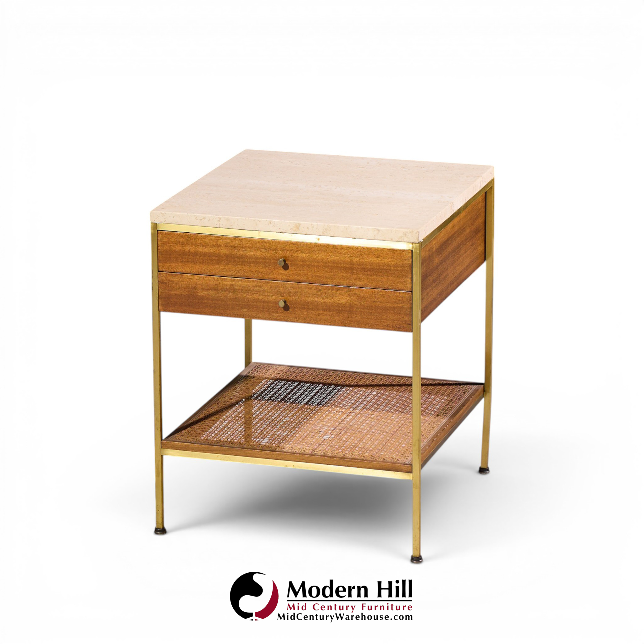 paul mccobb for calvin irwin group model 8714 mid century bleached mahogany, cane, brass and travertine nightstand - pair