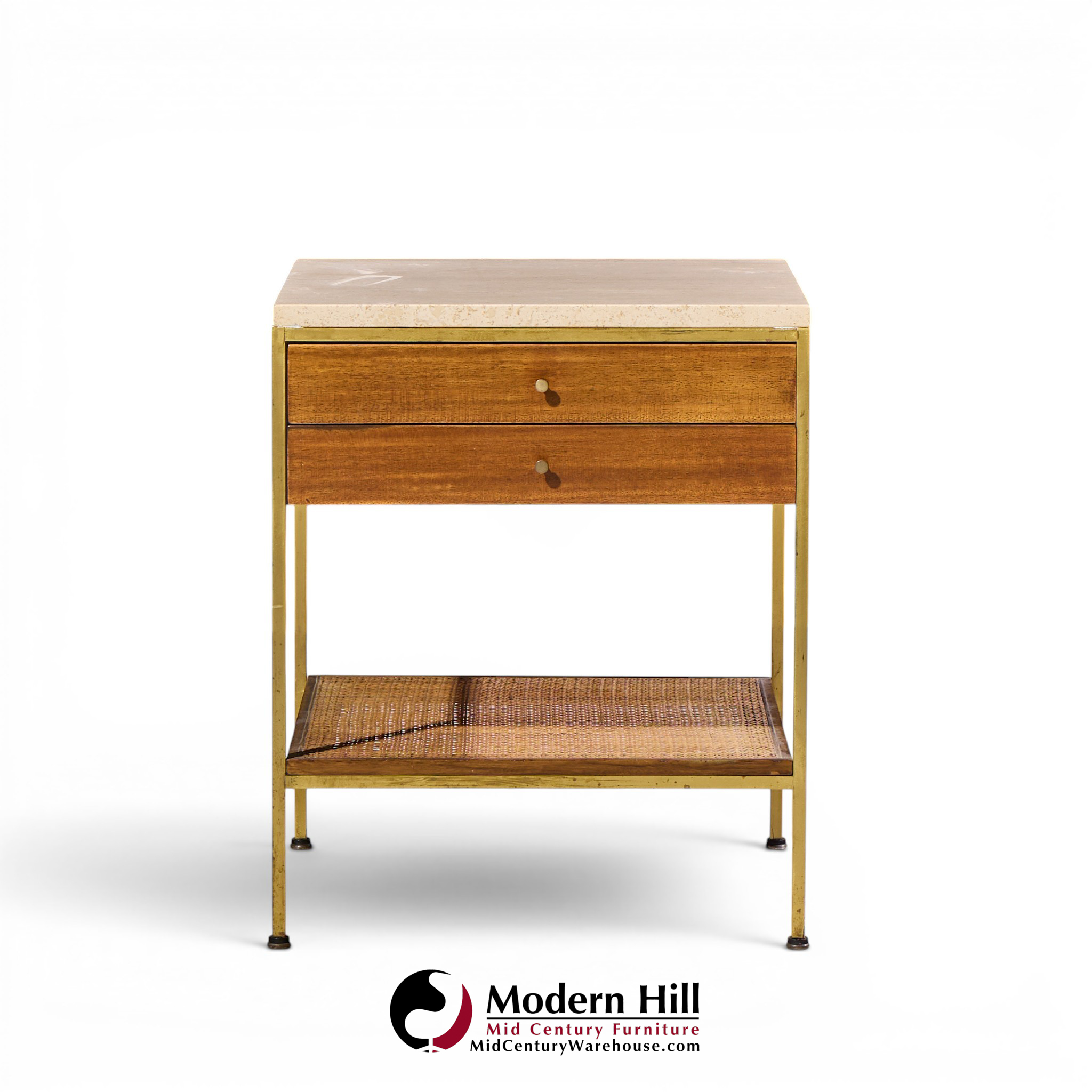 paul mccobb for calvin irwin group model 8714 mid century bleached mahogany, cane, brass and travertine nightstand - pair