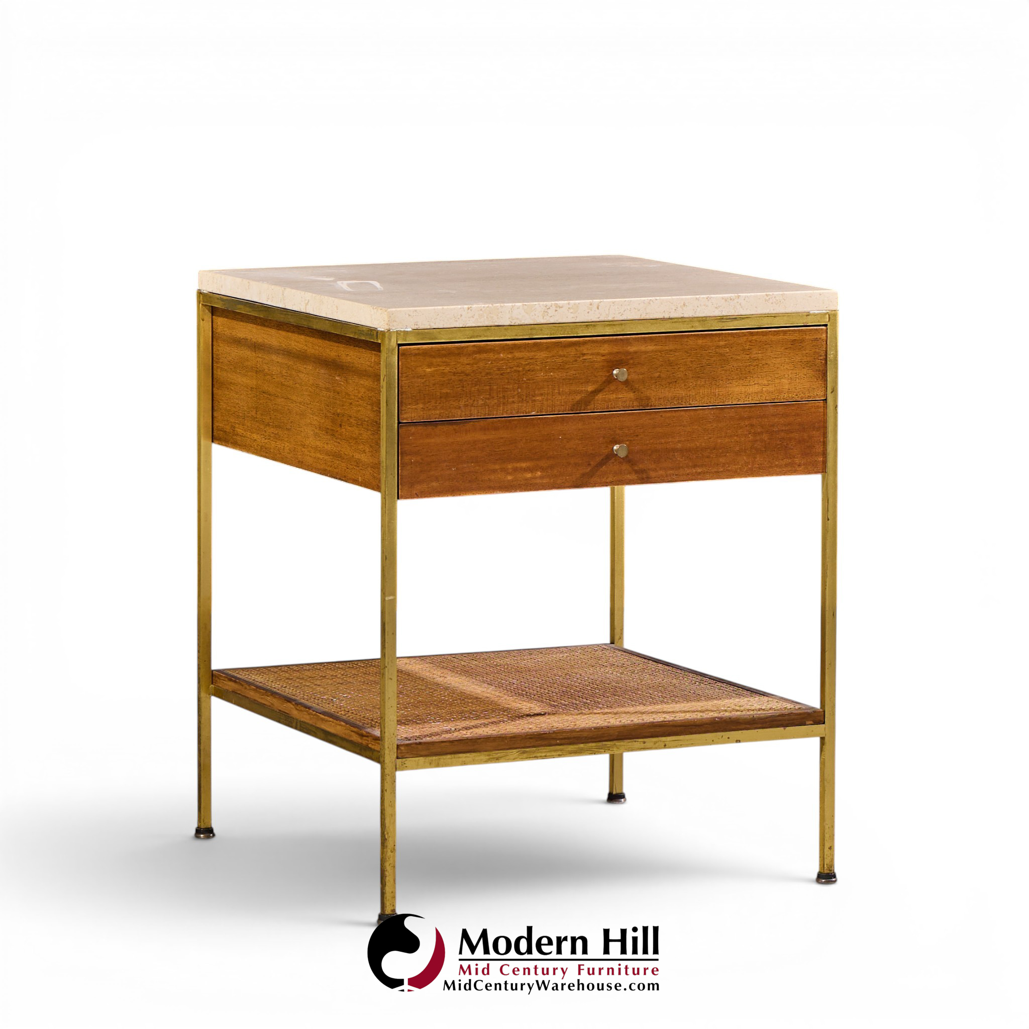 paul mccobb for calvin irwin group model 8714 mid century bleached mahogany, cane, brass and travertine nightstand - pair